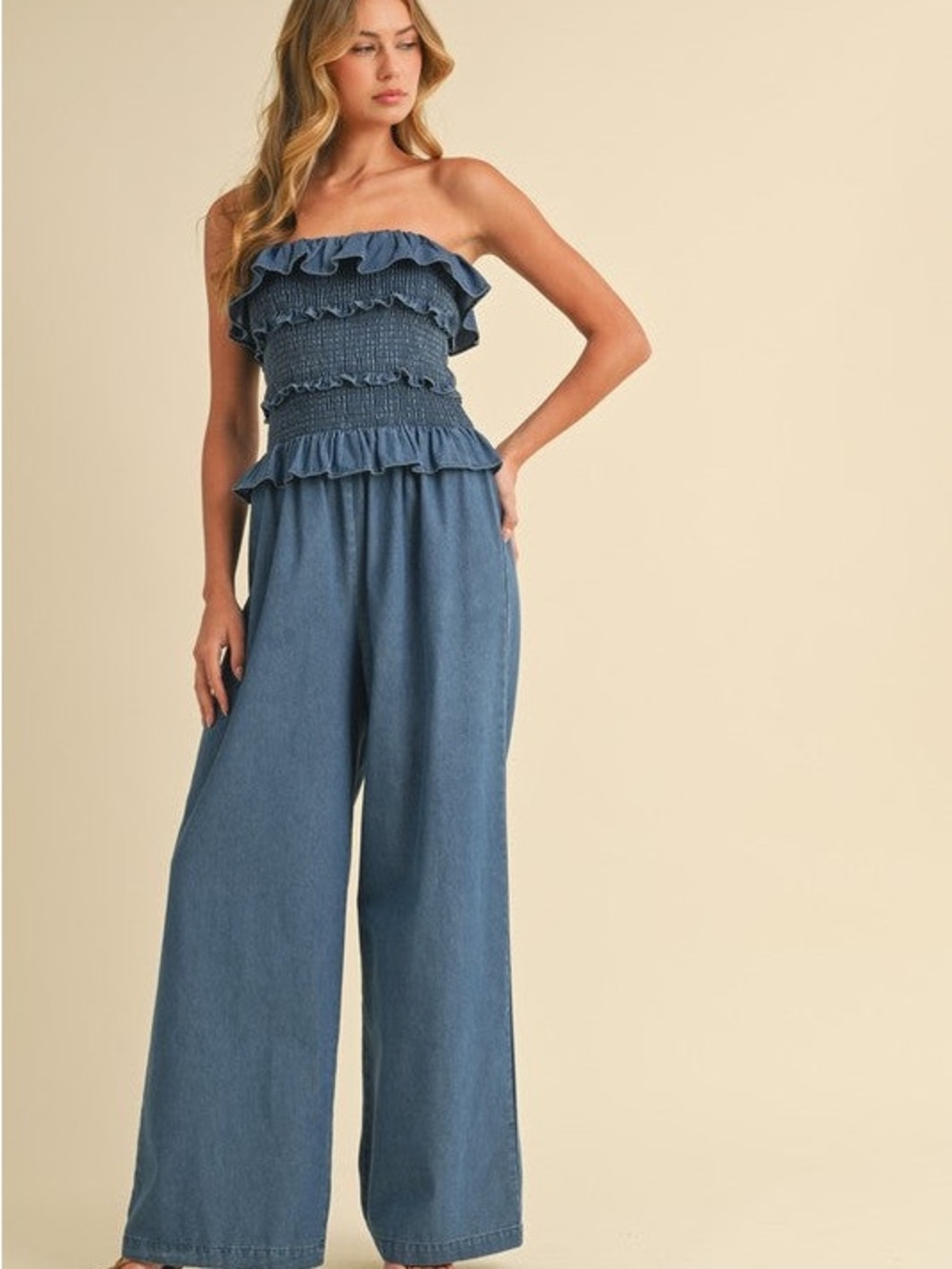 Strapless Smocked Wide-Leg Jumpsuit - Denim Blue